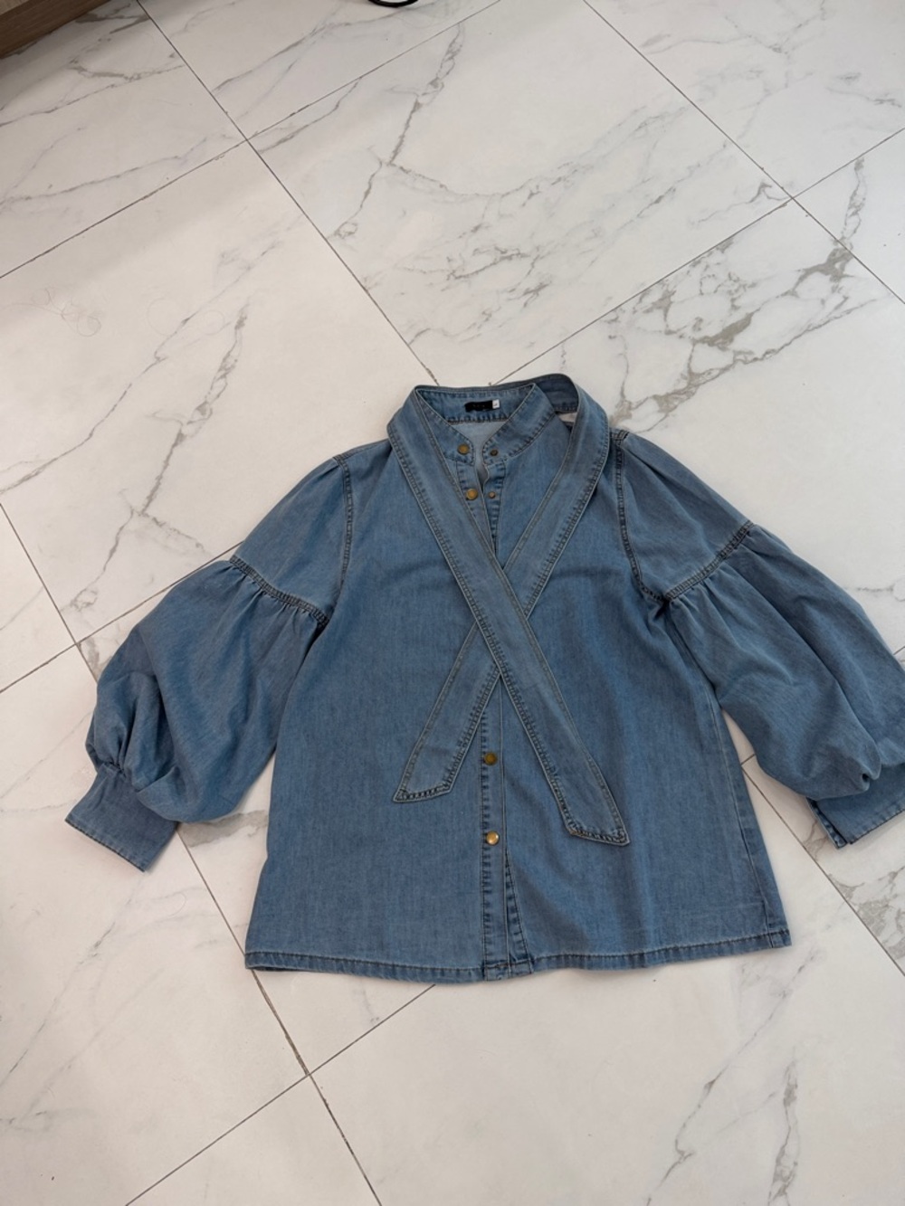 Solene Blue Denim Tie-Neck Blouse
